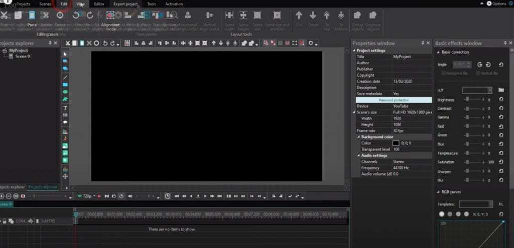 ממשק התוכנה לעריכת וידאו של VSDC Free Video Editor