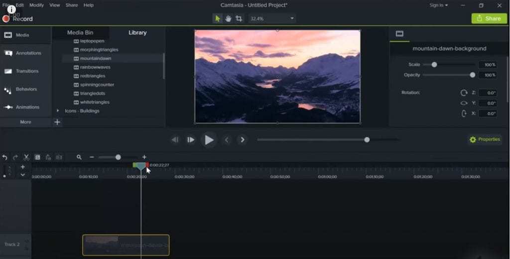 הממשק של התוכנה לעריכת וידאו Camtasia