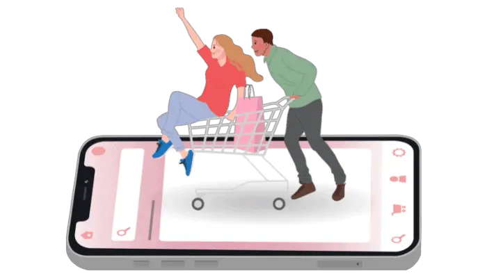 זוג עושה קניות באינטרנט - איור עגלת קניות על פלאפון